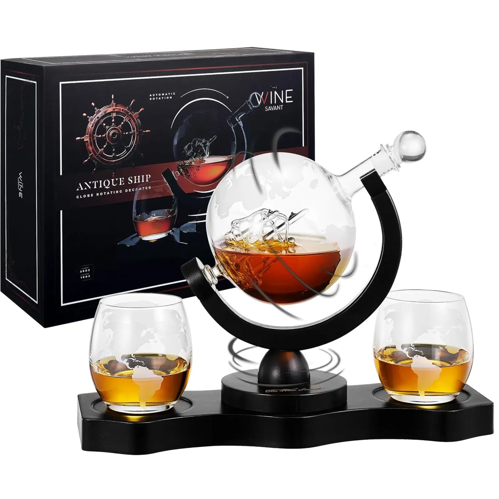 Whiskey Decanter Rotating Globe Set with 2 Etched Whiskey Glasses - Gifts Men Dad, Anniversary Birthday House Warming, Liquor Scotch Bourbon Vodka Gift Him Husband 850ml Ship Decanters, Electronic Set