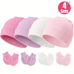 ERT-4pcs set of baby hats and anti-scratch gloves, perfect for daily wear. A comfortable and soft fabric gift suitable for newborns aged 0-6 months