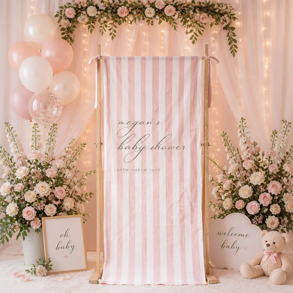 Personalized Baby Shower Banner, Pink Striped Linen Sign, Custom Baby Girl Shower Backdrop, Elegant Baby Shower Welcome Sign, Fabric sign