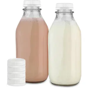 Liter Glass Milk Bottles (2 Pack) - 32-Oz Milk Jars with Lids - Food Grade Glass Bottles - Dishwasher Safe - Bottles for Milk, Buttermilk, Honey, Maple Syrup, Jam, BBQ Sauce