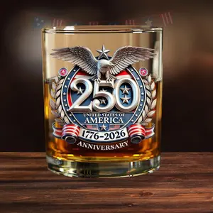 USA 250th Anniversary Whiskey Glass, Patriotic Whiskey Glass, Bar Glass Gift for America 250 Years Celebrations