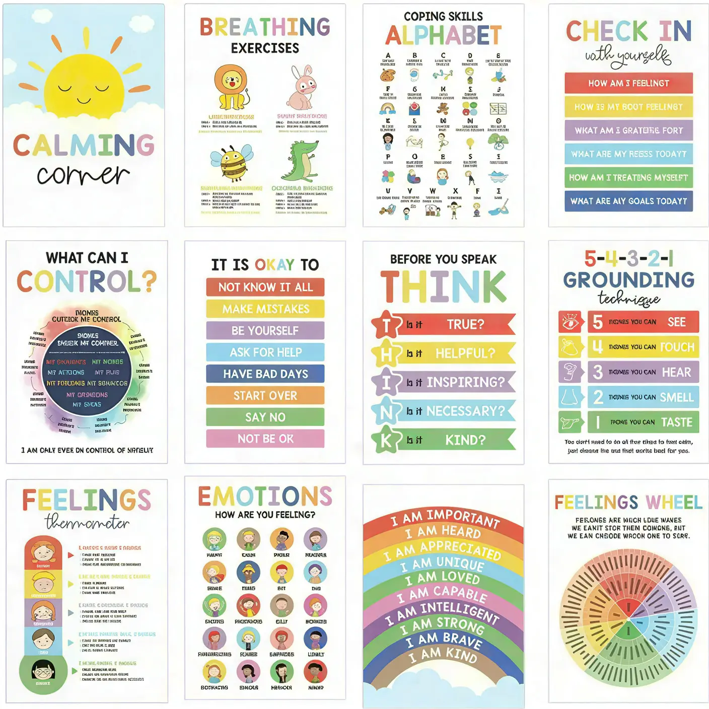 TikTok Viral Kids' Calming Corner Posters Set - Home Decor Posters for Classrooms, Autism Sensory Wall Art, ADHD Calm Down & Anxiety Relief Tools, Emotional Regulation & Social Emotional Learning Charts