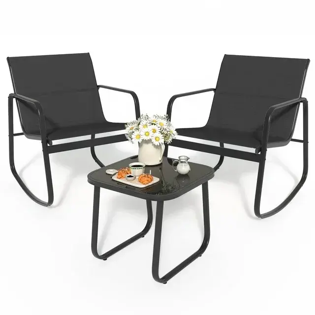 Black 4-Piece Outdoor Furniture Set - Commercial/Office Patio Set with Loveseat, 2 Armchairs & Glass Coffee Table, Breathable Textilene Fabric, Sturdy Steel Frame, Weather-Resistant Modern Design for Courtyards, Gardens