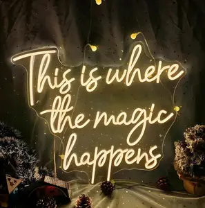 "This Is Where The Magic Happens" Neon Sign for Wall Décor, Warm White LED Glow Light Sign, Battery-Free/Cableless Custom-Shaped Light, Gift for Weddings, Bars, Battery-Free Light Signs, Cableless Light Signs