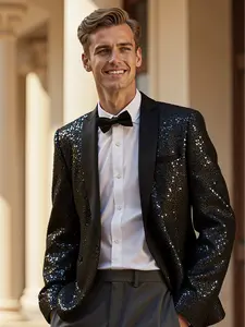 Men's solid color sequin blazer suit shiny jacket round neck suit jacket suitable for parties, Halloween gift, Christmas gift Formal Long Sle Classic eve Menswear Black Festive