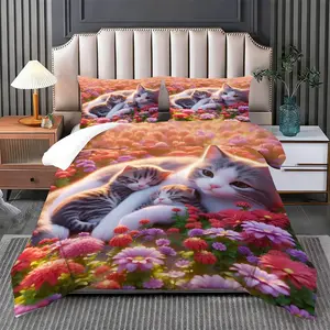 2/3 Pcs Cat Care Flower Meadow Bedding Comforter Set, Lightweight Comforter & 1/2 Pillowcases (no filler), Warm Moist Skin-friendly All-season, Fits Youth Nature Apartment/Shared House/Pastoral Lovers/Rental Scenario Healing Comforter Set