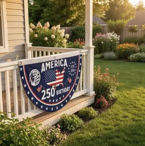 2-Pack America 250th Semicircular Flag Banner – 1776-2026 Patriotic Bunting, Red White Blue Half Fan Porch Decor for July 4th Independence Day, Weather-Resistant Polyester Fabric
