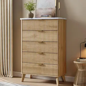 5 Drawers Dresser for Bedroom, 47.2" Tall Dressers with Curved Profile Design, Fluted Wood Drawers with Gold Handle, Modern Chest of Dressers with Thickened Design for Living Room, Natural
