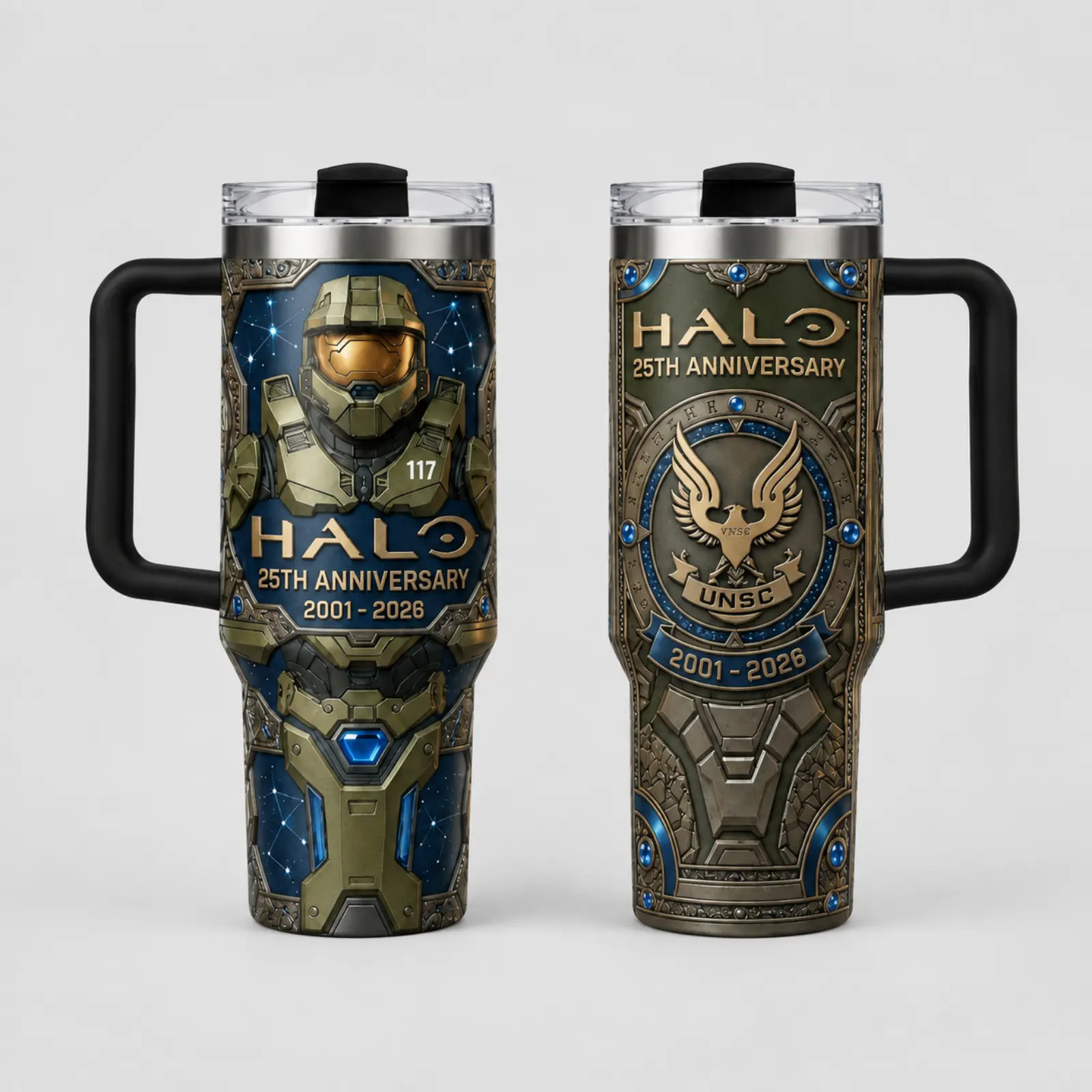 HALO 25th Anniversary 40oz and 20oz  Tumbler with and Straw, Master Chief 117 UNSC Insulated Travel Cup, Legends Never Die Gamer Gift, Collectible Sci Fi Drinkware for Halo Fans, Birthday Christmas Gaming Merch, Stainless Steel Cup for Men and Women