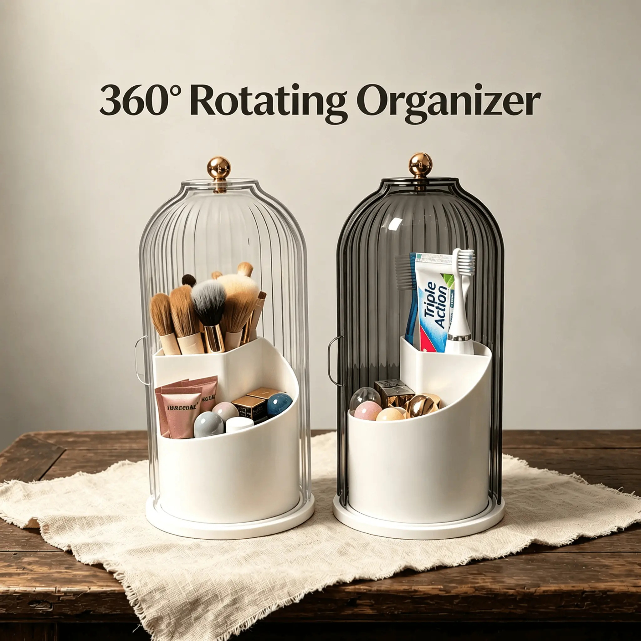 360° Rotating Makeup Organizer with Sealed Flip Top Lid, Clear & Smoky Gray &Green &Black Dual Color ABS Vanity Storage Box, Dustproof Moisture-Resistant Cosmetic Holder with Multi-Compartment Height Partition Design.