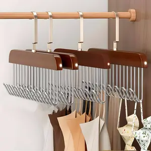 4 Pack Belt Hanger for Closet, Wooden Tie Rack Hangers for Men with 8 Hooks, Space Saving Tie Holder Organizer,Closet Storage for Ties,Belts,Bras,Scarves,Tank Tops