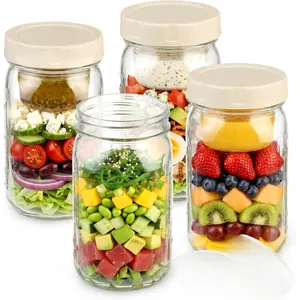 Glass Salad Jar 4 Pack 32oz with Lids for Meal Prep, Salad Container for Lunch, Jars with Dressing Cup, Mason Container, Meal Prep Jars