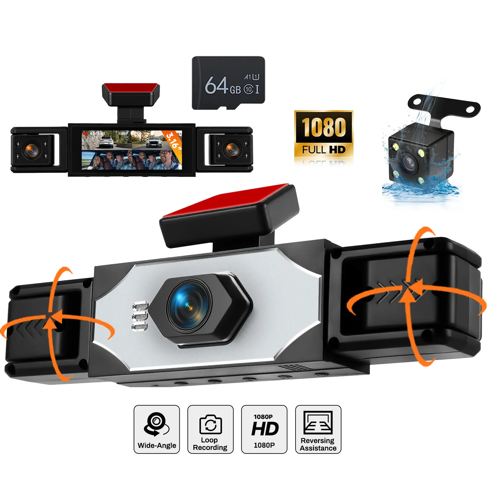 podofo 4-Channel Car Dashcam Camera Video Surveillance, 3.16" IPS Screen, 1080P Front Camera, 360° Coverage, Night Vision, Parking Assist, Motion Detection, Universal Fit for All Vehicles, Father's Day Gift