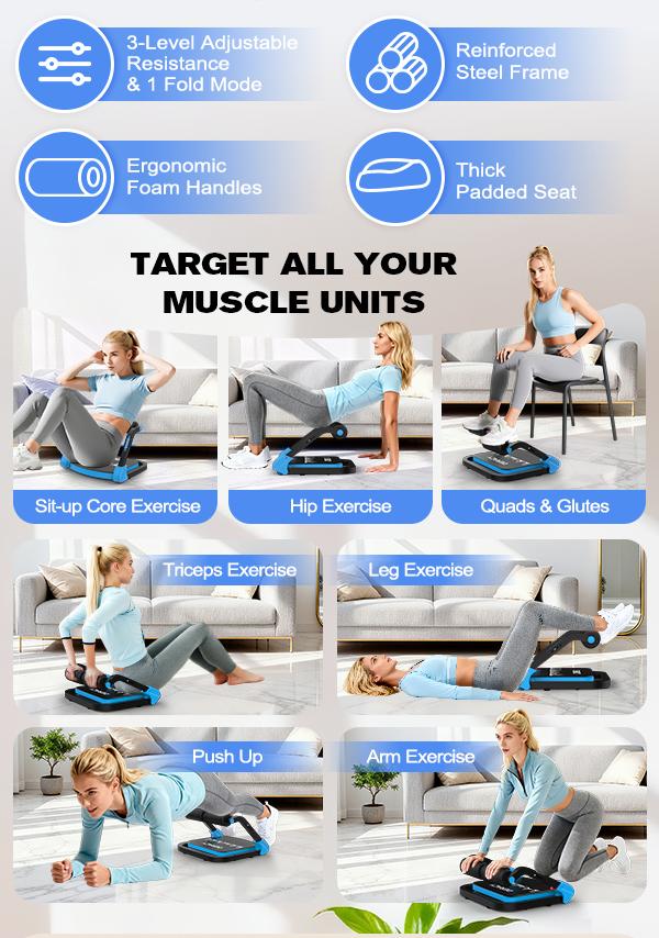 Relife Sports Blue Ab Crunch Machine-Core &Tummy Exercise Equipment, Sit-Up and Ab Curl Trainer with 330LB Capacity, ldeal for Home Gym,Core Strength & Muscle Toning