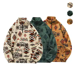 Winter Men's Ethnic Style Half Zipper Stand Collar Sweater Fashion Streetwear Fleece Hooded Pocket Coat