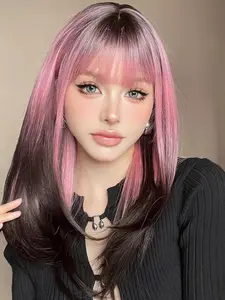 Women's 22inch Ombre Pink Straight Pink Wigs with Air Bangs, Straight Synthetic Wig, Summer Wigs for Daily Or Cosplay Use, Natural Fluffy Hair Wigs for Daily & Party Hairstyle Decoration