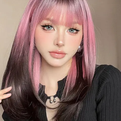 Women's 22inch Ombre Pink Straight Pink Wigs with Air Bangs, Soft Bangs, Straight, Summer Wigs, Synthetic Material Wigs, High Quality Wigs for Daily Or Cosplay Use, Natural Fluffy Hair Wigs for Daily & Party Hairstyle Decoration