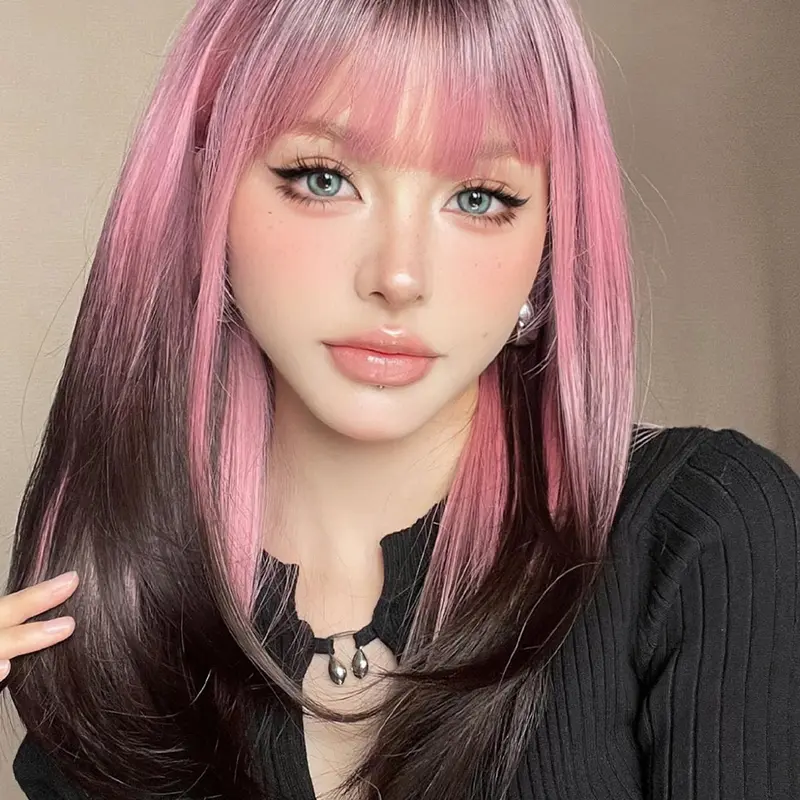 Women's 22inch Ombre Pink Straight Pink Wigs with Air Bangs, Soft Bangs, Straight, Summer Wigs, Synthetic Material Wigs, High Quality Wigs for Daily Or Cosplay Use, Natural Fluffy Hair Wigs for Daily & Party Hairstyle Decoration