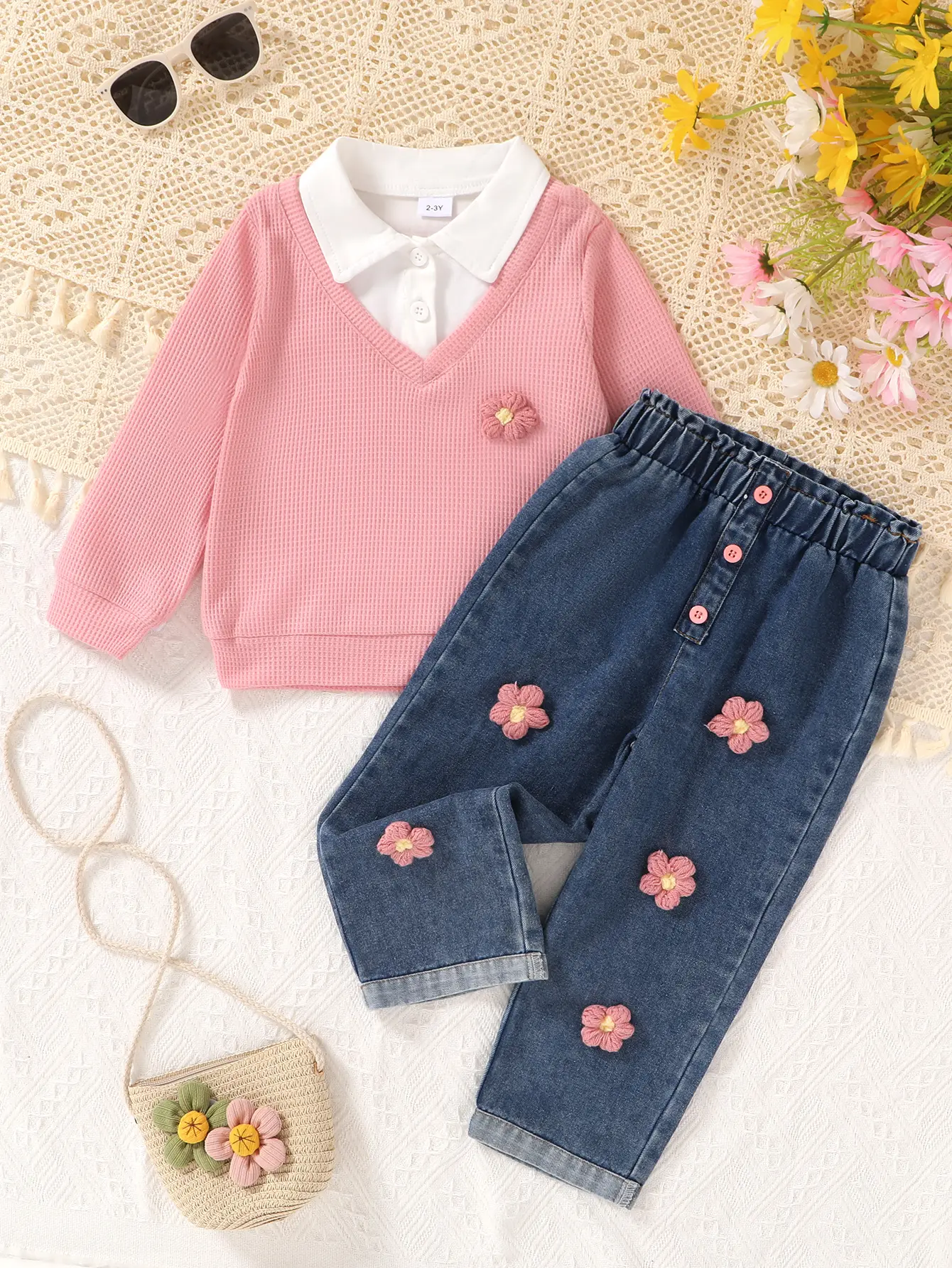 Girls' 2-Piece Polyester All-Seasons Outfit - Long Sleeve Color-Blocked Collar Shirt with 3D Flower Embroidery, Soft Comfortable Straight Blue Denim Pants