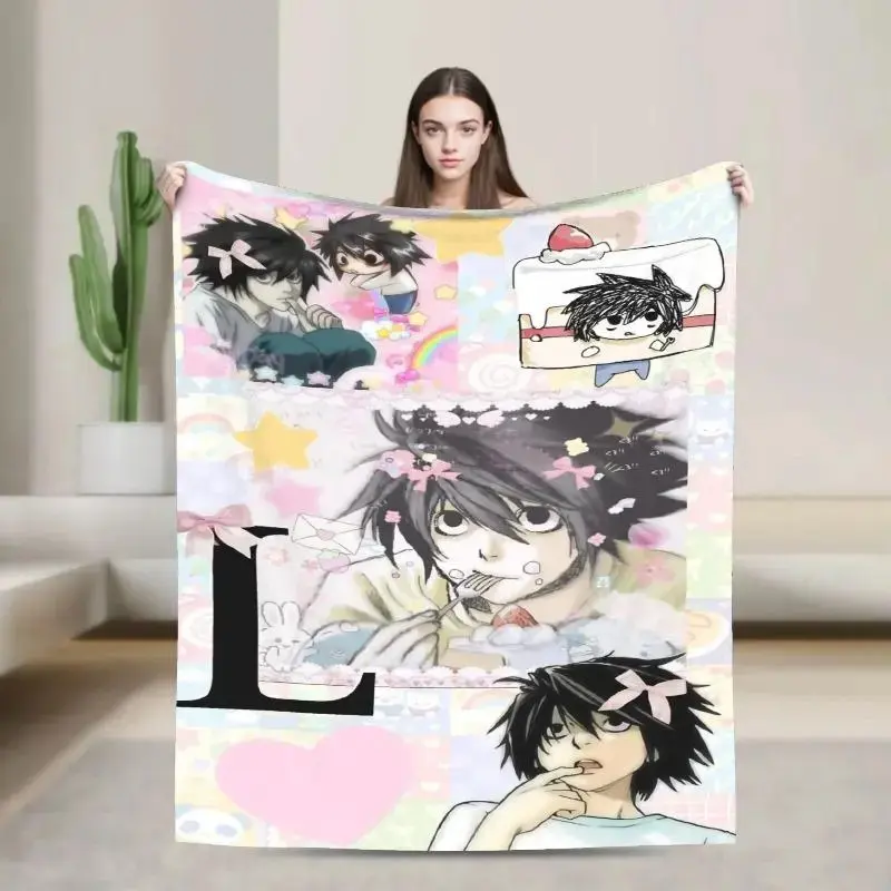 Death Note L Lawliet Monochrome Anime Flannel ,L Lawliet Death Note Manga Print Soft Flannel Blanket Gothic Bedroom Sofa Decor