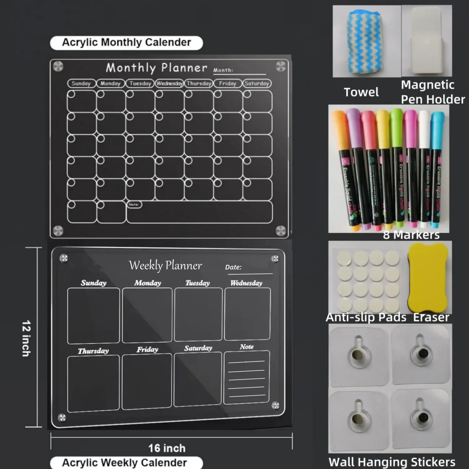 Nw 2Lbs 2Pcs/3Pcs 16"x12" Magnetic Fridge Calendar With 8 Markers, Wall Hanging Calendars for Weekly Monthly Plan Decor acrylic magnetic Productivity