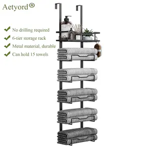 NO DRILL! 6-Tier Over Door Towel Rack with Storage Basket  Perfect for Small Bathrooms + RVs! Black Metal Organizer for Rolled Towels