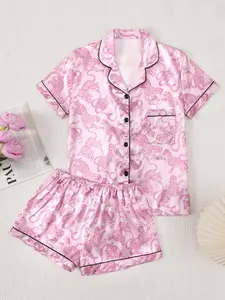 Valentine's Day Casual Tiger Print Women's Pajama Set, Button Front Short Sleeve Top and Loose Elastic Pants, Comfortable All-Season Print Satin Sleepwear