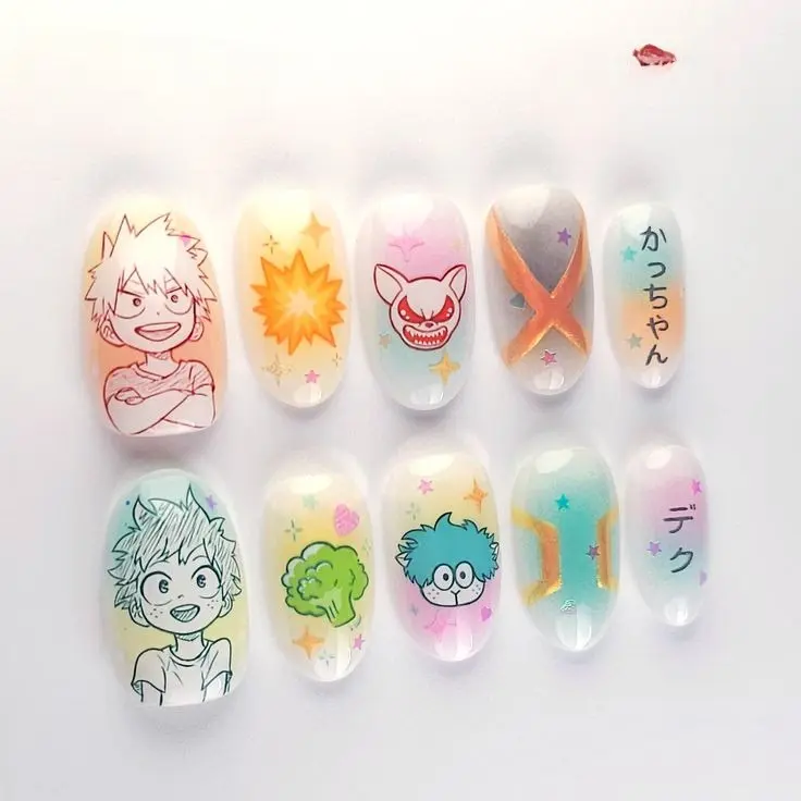 Handmade My Hero Academia Press On Nails, Deku Bakugo Anime Nails, Kawaii Oval Nail Set, Glitter Manga Cosplay Reusable Gel Fake Nails with Gift Set (Adhesive Tabs, Nail File, Cuticle Stick)