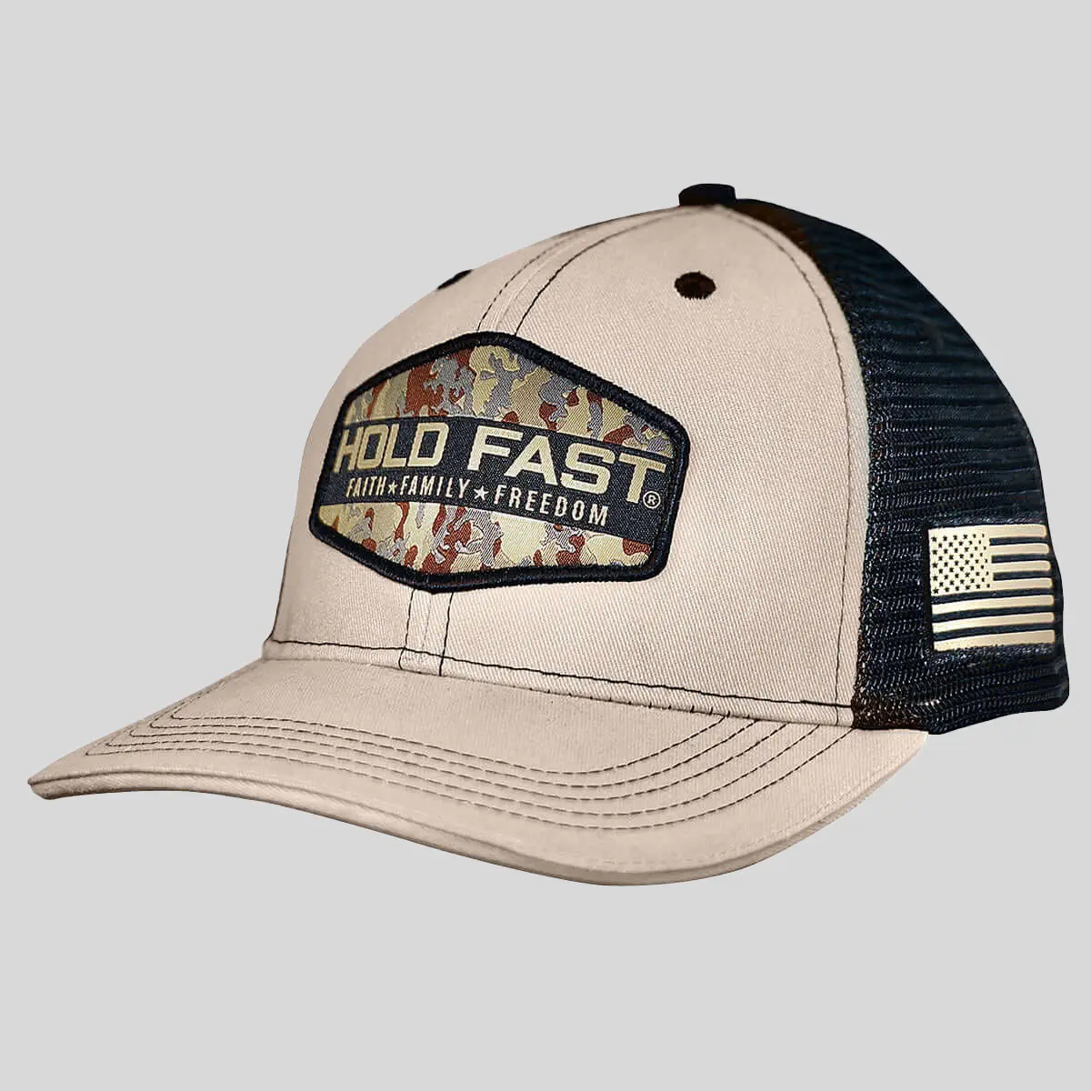 HOLD FAST Mens Cap Camo Badge, Inspirational, Baseball Cap, Camouflage, Cotton, Faith In God, Mesh, Cotton/Mesh, Rugged Look, Structured Cap, American Flag Badge Hats
