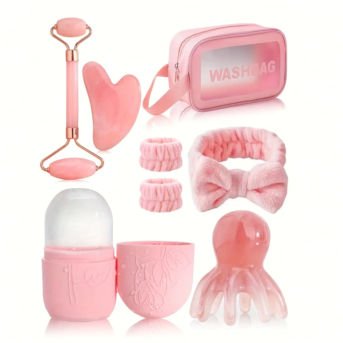 8-Piece Facial Beauty Scraping Massage Tool Set, Facial Care Tools for Home Beauty, Double Chin Reducer, Ice Roller Mold, Hairband, Wristband, Head Massager Comb, Body Acupoint Relaxation Tools