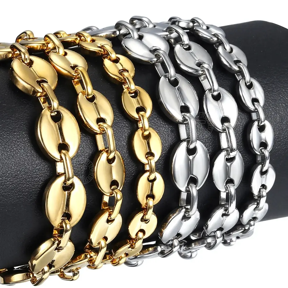 Hermah 7/9/11mm Coffee Beans Link Chain Bracelet for Men Women Stainless Steel Fashion Gifts