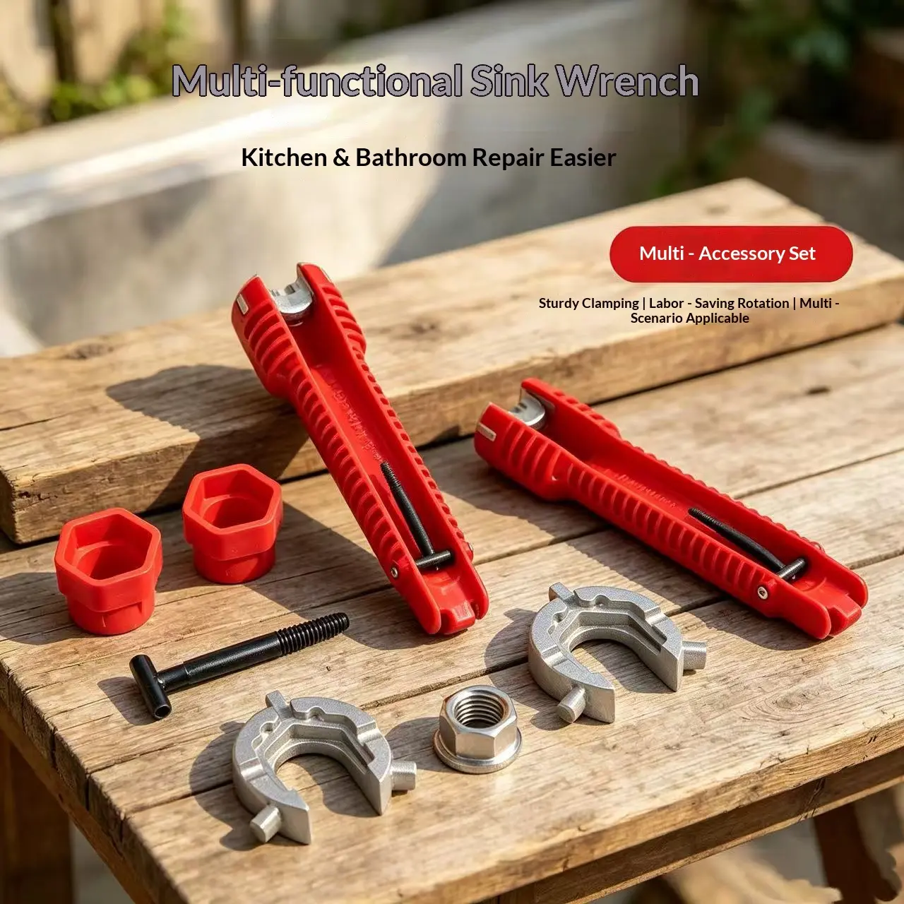 8-in-1 Multifunction Bathroom Basin Pipe Wrench, Hand Tool for Face Basin Faucet & Water Pipe Loosening and Installation