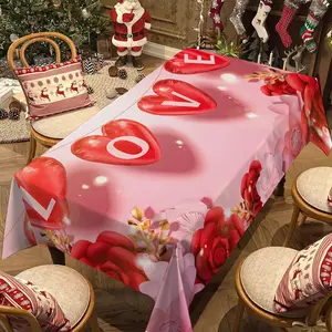 Rectangular Valentine's Day Tablecloth, Rose Floral Love Heart Balloon Pattern, Romantic Dinner Decor, Anniversary Gift