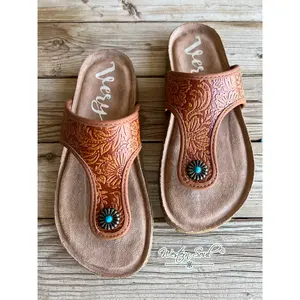 Very G Women's Classic Western Tooled Print Open-Toe Flat Sandal Shoes, Rust Footwear Sandal