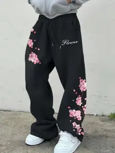 Cherry Blossom Graphic Wide Leg Pants, Trending Pink Sakura Flower Print Casual Drawstring Sweatpants, Breathable Streetwear Trousers for Women, Perfect for Daily Wear, Y2K Outfit, Lounge & Casual Street Style