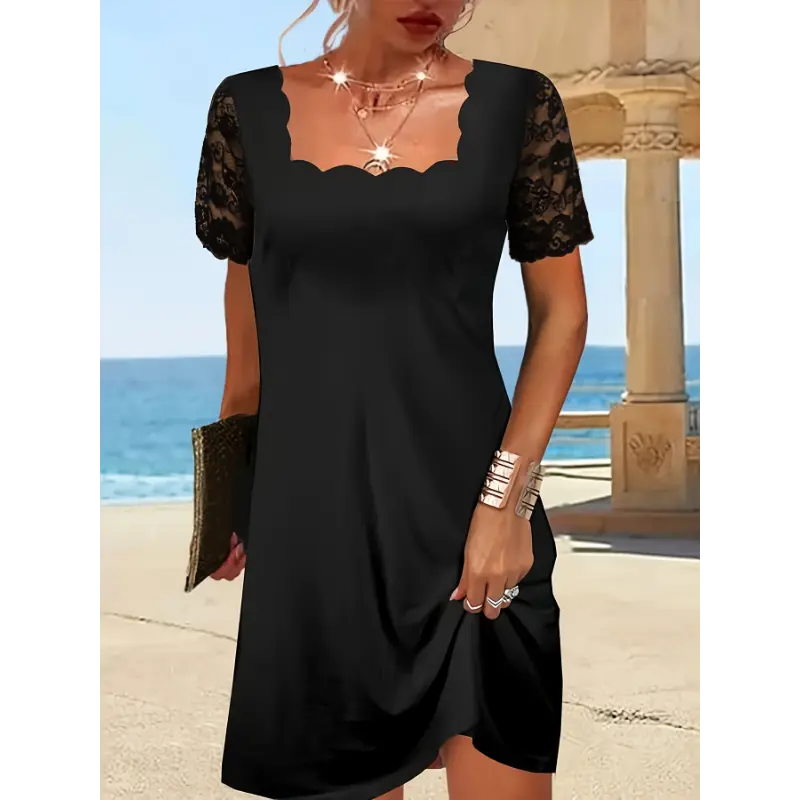 Contrast Lace Scallop Trim Dress for Women - Polyester Fabric, Elegant  Solid Color Short Sleeves, Comfortable Design, Black Womenswear - TikTok  Shop