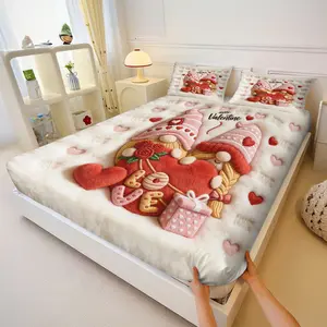 Valentine's Day Heart Fairy Fake 3D Bed Sheet Set, Includes 2 Coreless Pillowcases, Plush Texture Love Letter Print, Anti-Slip Mattress Protector