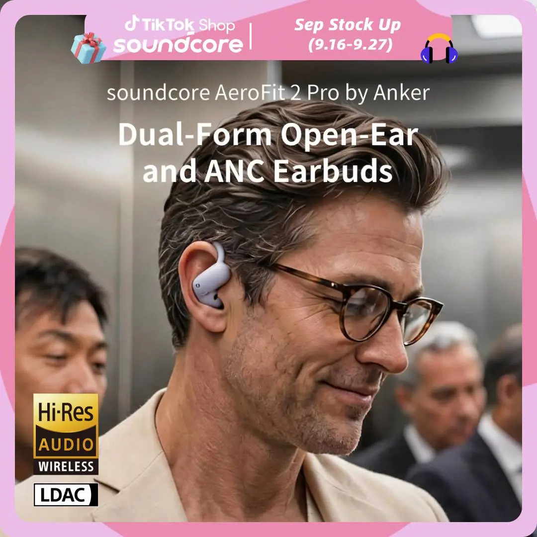 [Live Only] Soundcore AeroFit 2 Pro by Anker, Open-Ear and Active Noise Cancellation Modes, Hi-Res Open Ear Headphones for Commute,Office,Fitness, LDAC, 4-Mic AI Clear Calls, 34H, IP55, Wireless Bluetooth Earbuds #tiktokshopsummersale, Noisecancellinghead