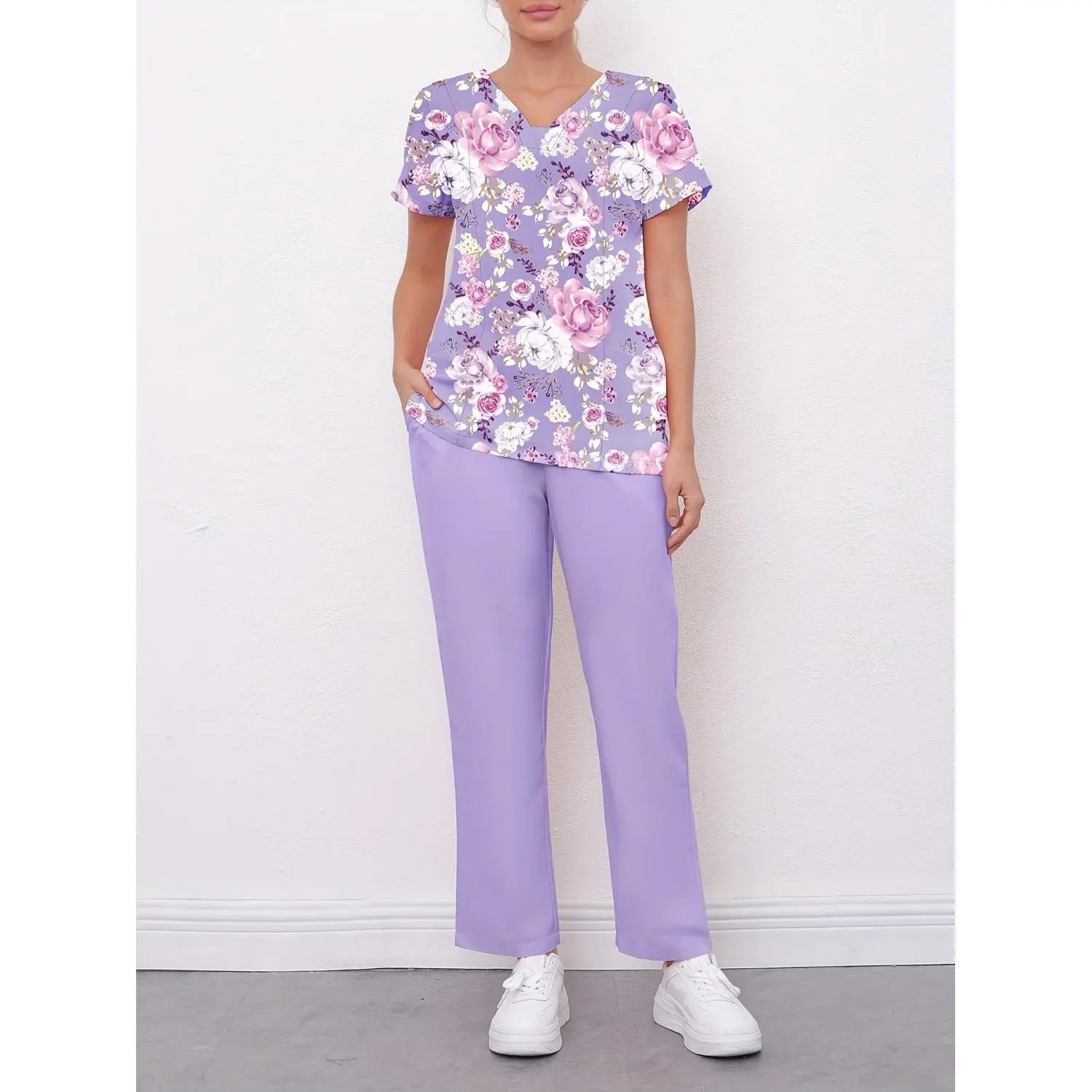 Women's Printed Matte Workwear Set: Short Sleeve Apron Pocket Top & Waist Tie Pocket Pants