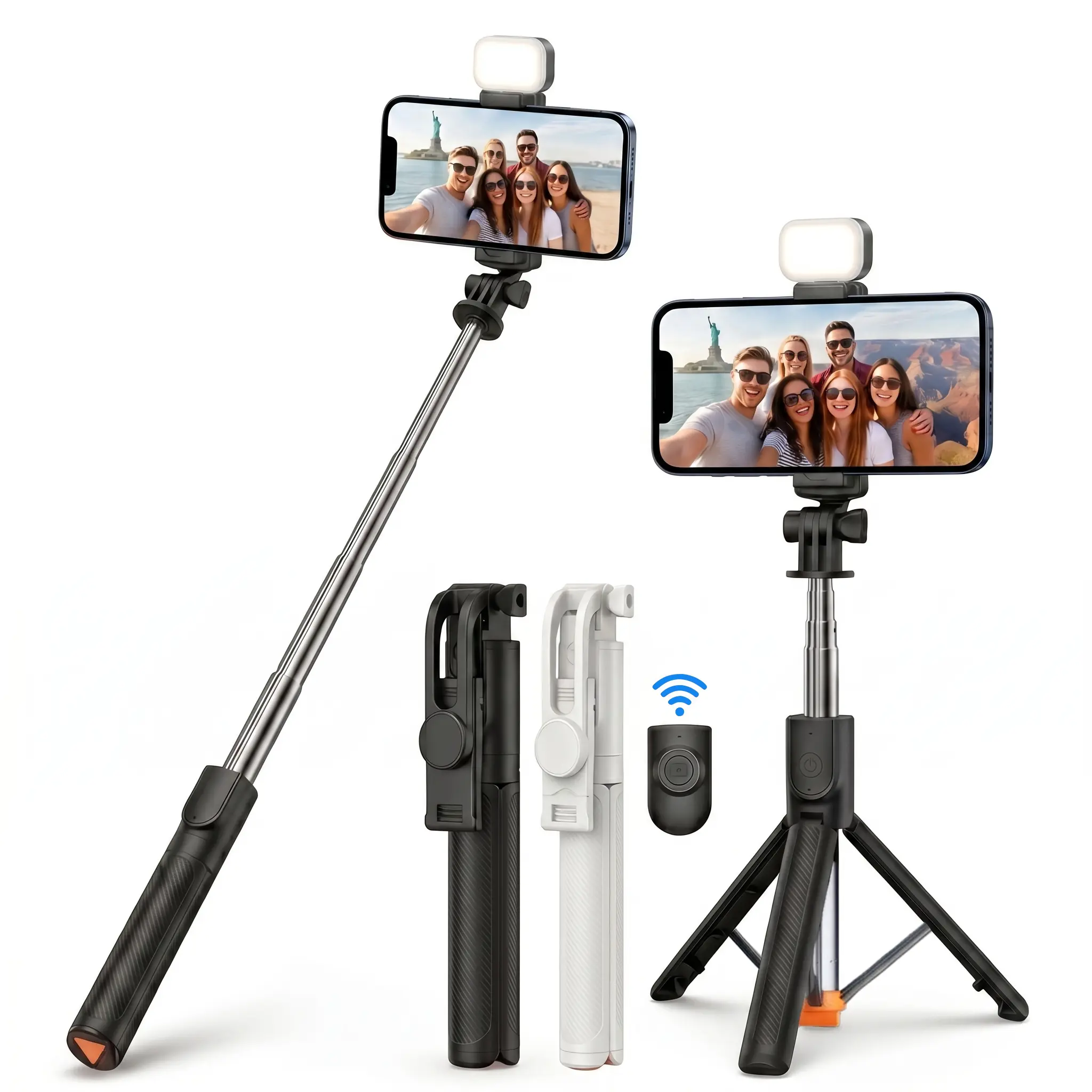 Portable Steel Selfie Stick Tripod with Grip, Detachable Mount - 5.6ft Extendable Mobile Phone Accessory, Adjustable Fill Light, 1-Click Auto-Unfold Button, Bluetooth 5.0 Remote, Premium Carbon Fiber Texture for iPhone & Android, Accessories, Smartphone