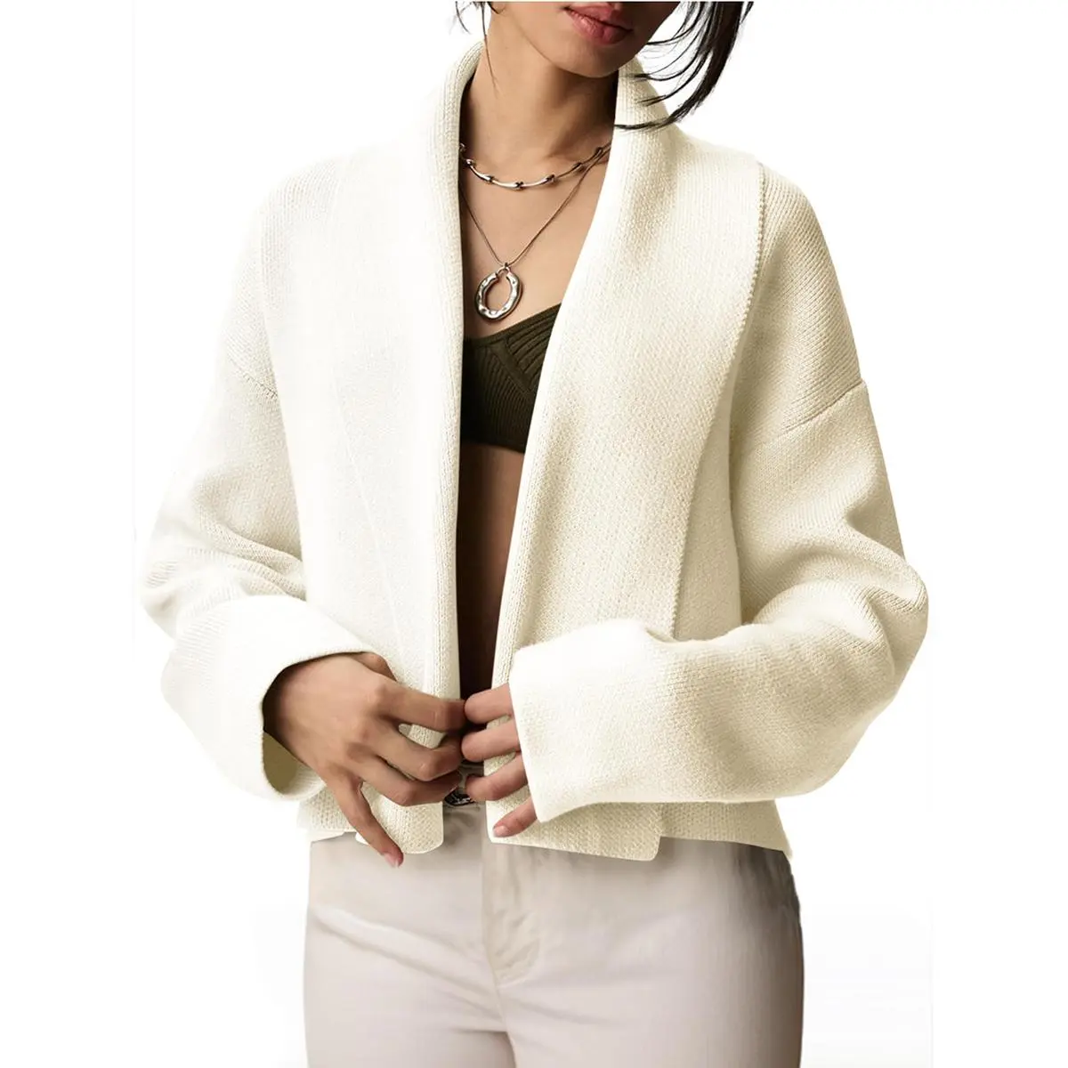 Tanming Women's Elegant Cropped Open Front Cardigan for Women, Longsleeves Lightweight Knitwear Shawl Sweater Jacket, Soft Viscose Blend Casual Basic Knit Top