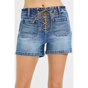 RISEN High Rise Front Tie Up Shorts with Patch Pockets Summer Fashion Outdoor Bottom Casual Womenswear Spandex Fit Lace