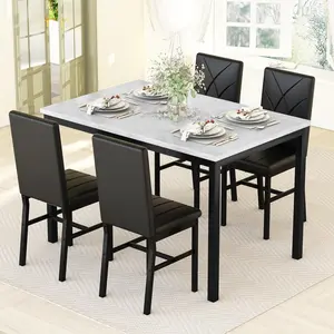 Hooseng 5-Piece Dining Table Set for 4 | Faux Marble Top Table with 4 PU Leather Upholstered Chairs | Easy Assembly & All Tools Included | Modern Black Set for Compact Dining Rooms & Small Spaces
