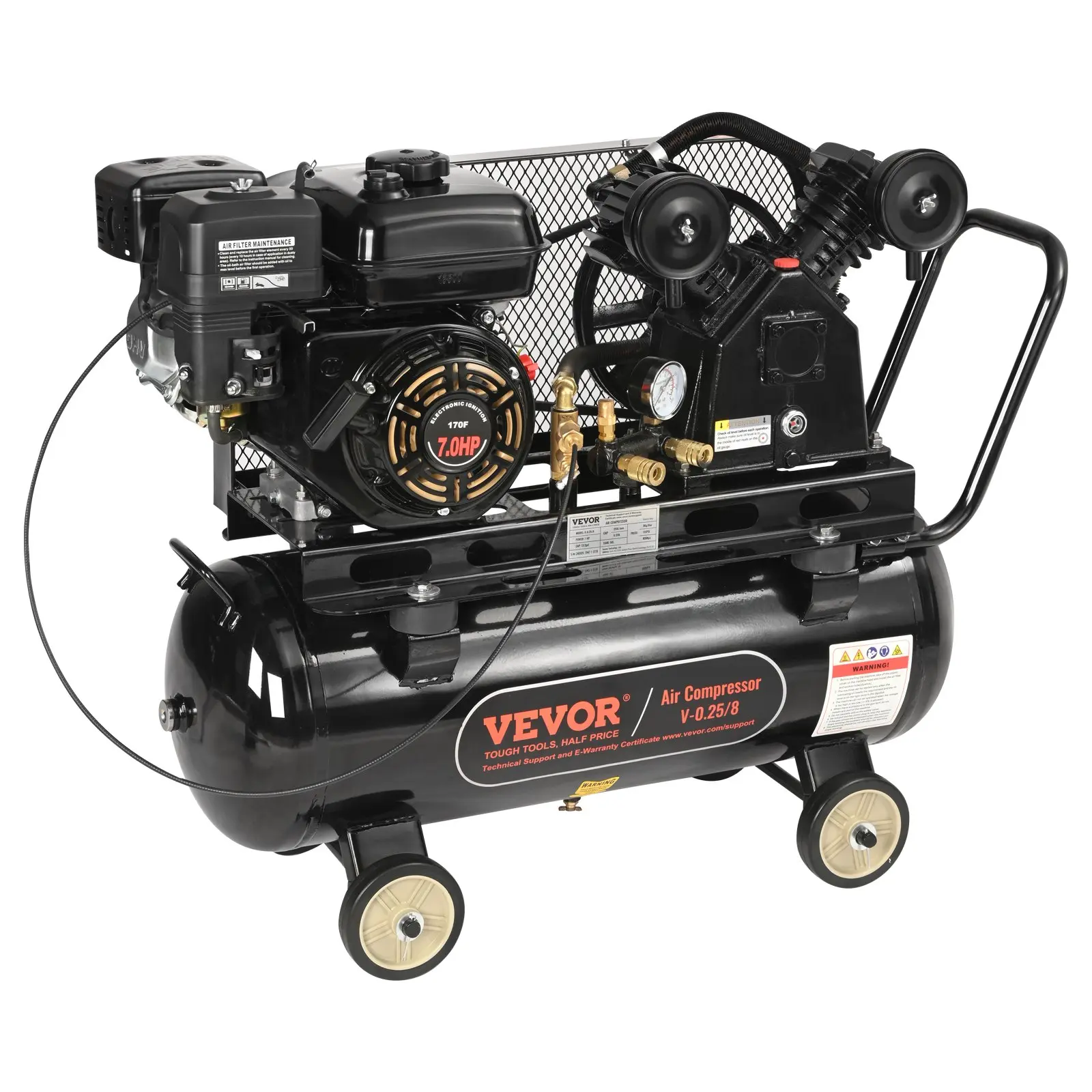 VEVOR 7HP Gas Powered Air Compressor, 13.2 Gallon Horizontal Air Compressor Tank, 9CFM115PSI Gas Driven Piston Pump Air Compressed System with 115PSI Max Pressure for Construction Sites Workshop