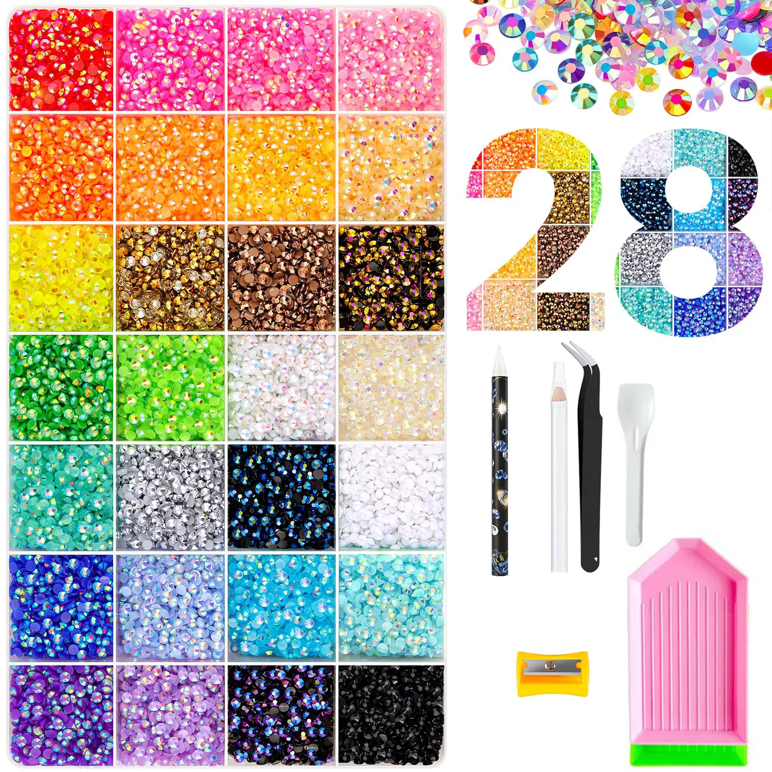 28Colors 3mm Jelly Flatback Rhinestones Bedazzling Kit with Nail Art, Shoes & DlY Diamond Art, DIY Craft Set for Nail Art & Shoes, Ultimate Creative Gift for Her,HomeEssentials,class of 2026,summerwins,Back to School Home Decor Essential