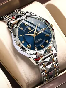 Men's Night Glow Waterproof Watch, Fashion Dual Calendar Stainless Steel Strap, Luxury Business Quartz Watch for Daily Life Work Parties