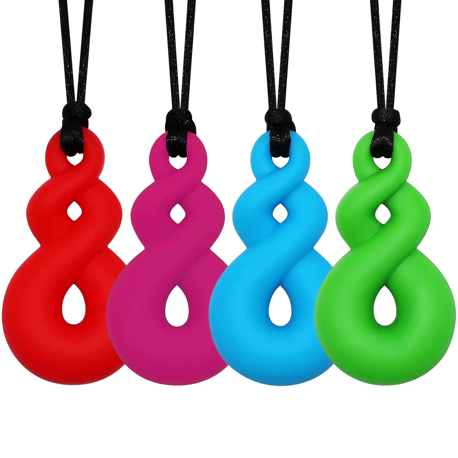 4-Pack Twist Silicone Sensory Chewie Necklaces for Kids and Adults - Safe Teething Pendants for ADHD and Sensory Processing Disorder, Teething Necklace, Soft Texture Design, Durable And Soft Texture Design, Reduces Fidget, Chewing Necklaces