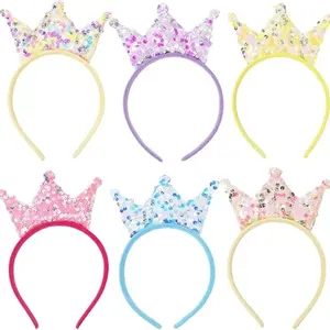 6PCS Glitter Sequin Crown Headbands, Shiny Pink Double Sided Hair Hoop for Women