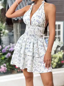 Summer V neck Floral A Line Sleeveless Dress Tie Shoulder Ruffle Mini Vacation Backless Dresses for Women Womenswear Beach