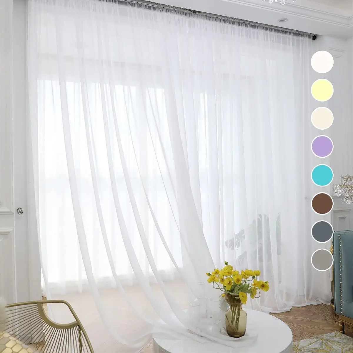 White Sheer Rod Pocket Curtains - Home Textile Room Decor, 2 Panels (52W x 84L Pack of 2) for Kitchen, Bedroom